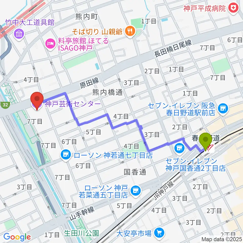 春日野道駅から神戸芸術センターへのルートマップ地図