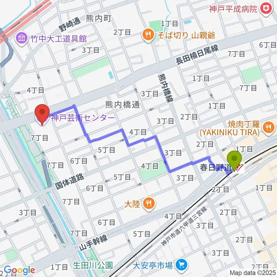 春日野道駅から神戸芸術センターへのルートマップ地図