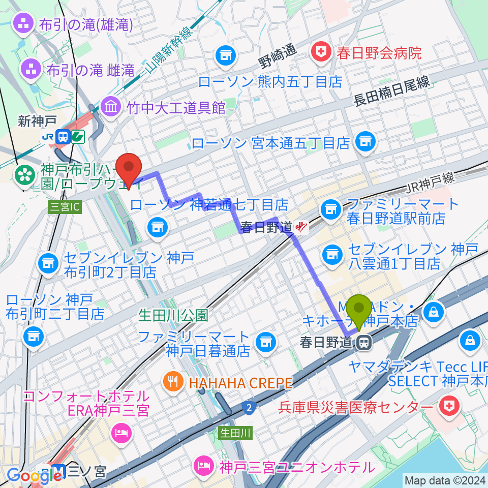 春日野道駅から神戸芸術センターへのルートマップ地図