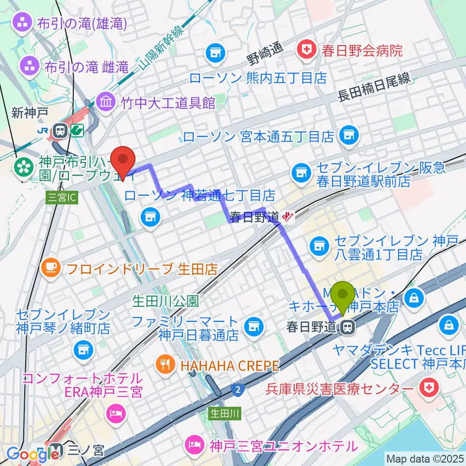 春日野道駅から神戸芸術センターへのルートマップ地図