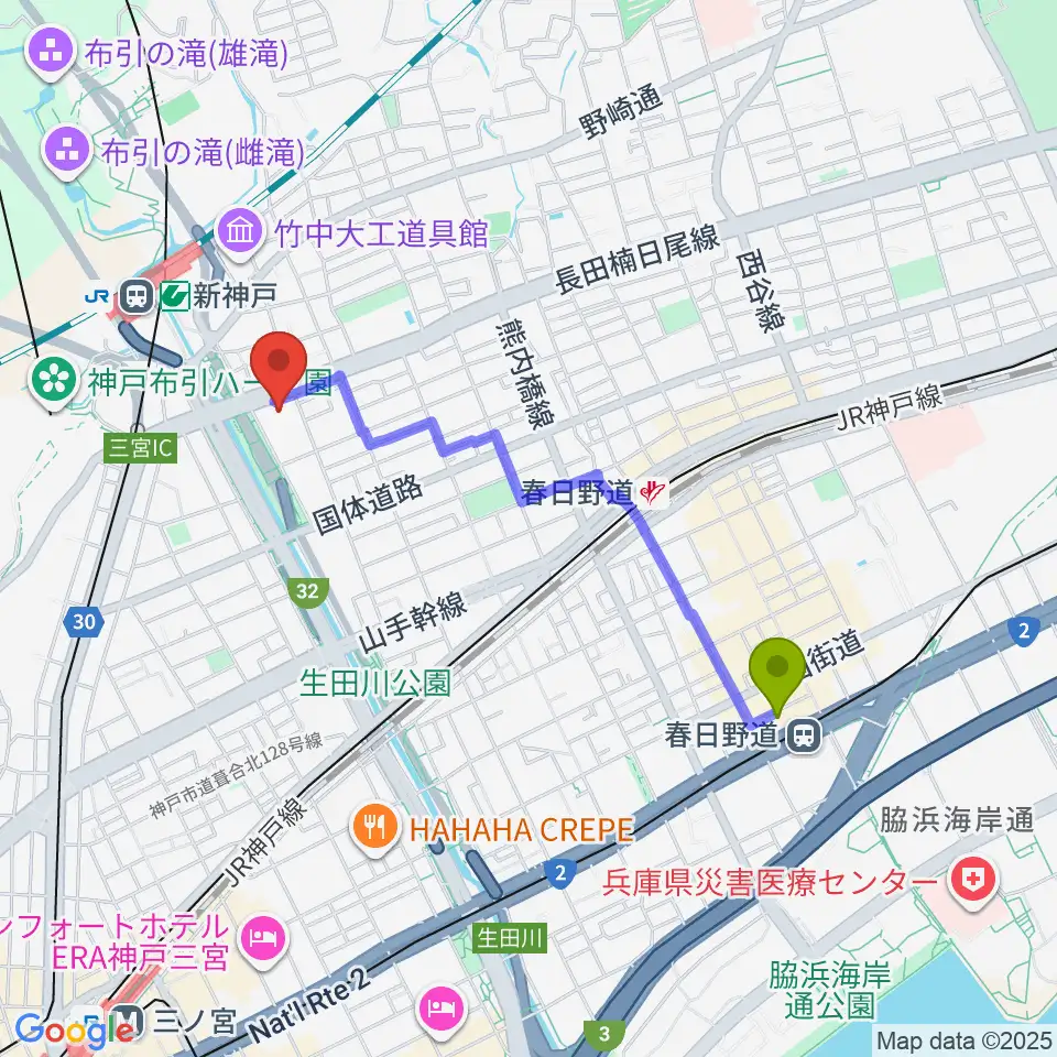 春日野道駅から神戸芸術センターへのルートマップ地図
