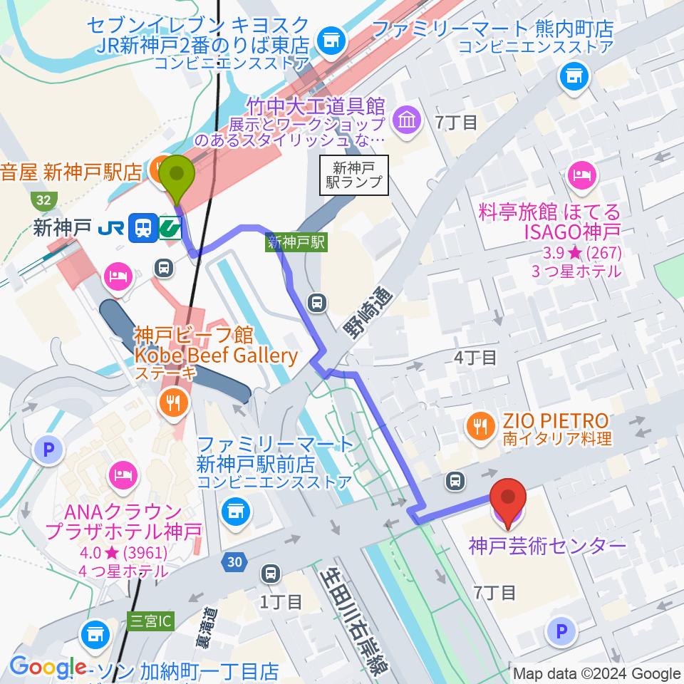 神戸芸術センターの最寄駅新神戸駅からの徒歩ルート（約5分）地図