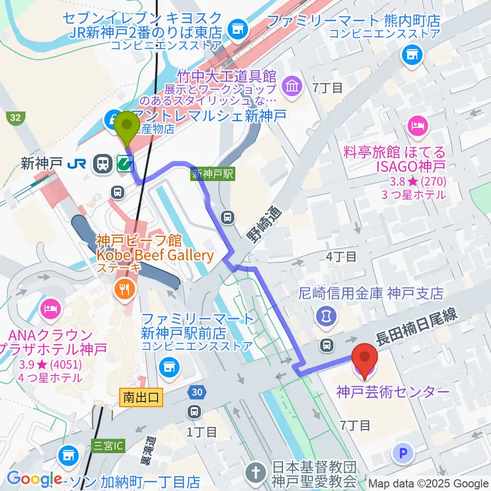 神戸芸術センターの最寄駅新神戸駅からの徒歩ルート（約5分）地図