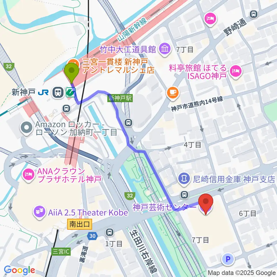 神戸芸術センターの最寄駅新神戸駅からの徒歩ルート（約5分）地図