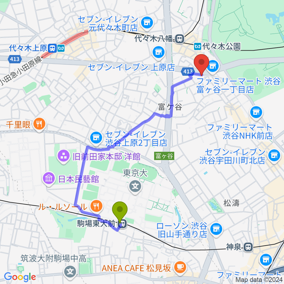 駒場東大前駅からハクジュホールへのルートマップ地図