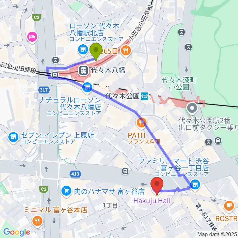 ハクジュホールの最寄駅代々木八幡駅からの徒歩ルート（約5分）地図