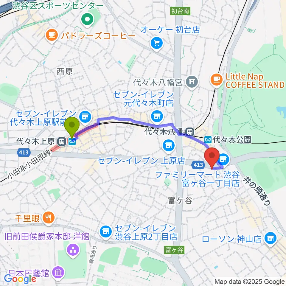 代々木上原駅からハクジュホールへのルートマップ地図