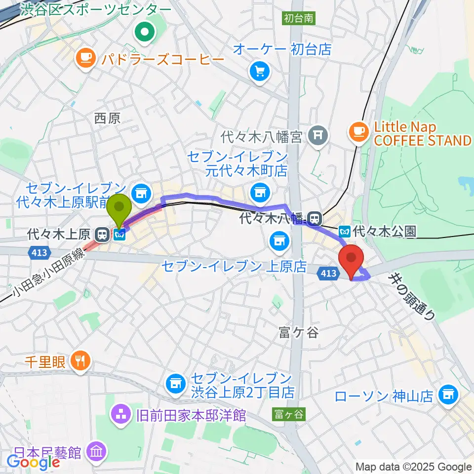 代々木上原駅からハクジュホールへのルートマップ地図