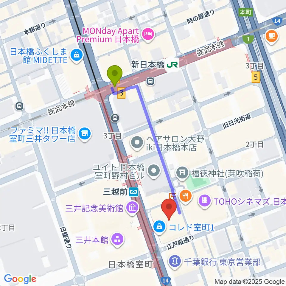 日本橋三井ホールの最寄駅新日本橋駅からの徒歩ルート（約4分）地図