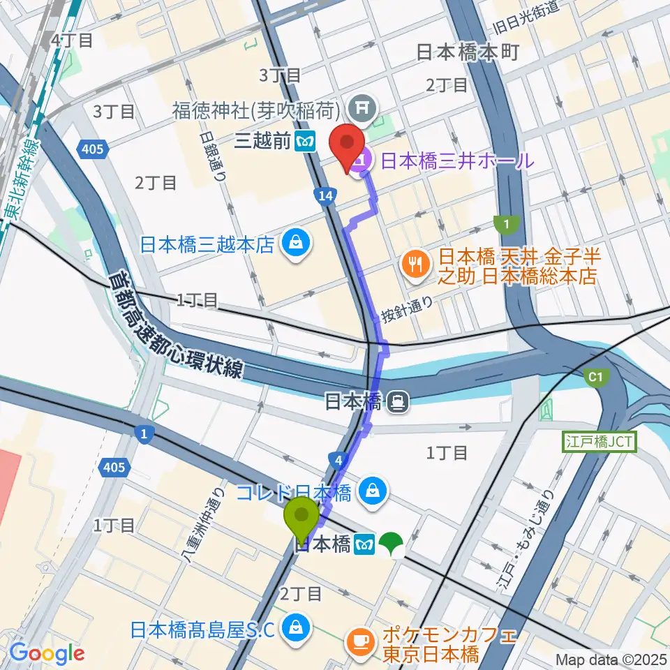 日本橋駅から日本橋三井ホールへのルートマップ地図
