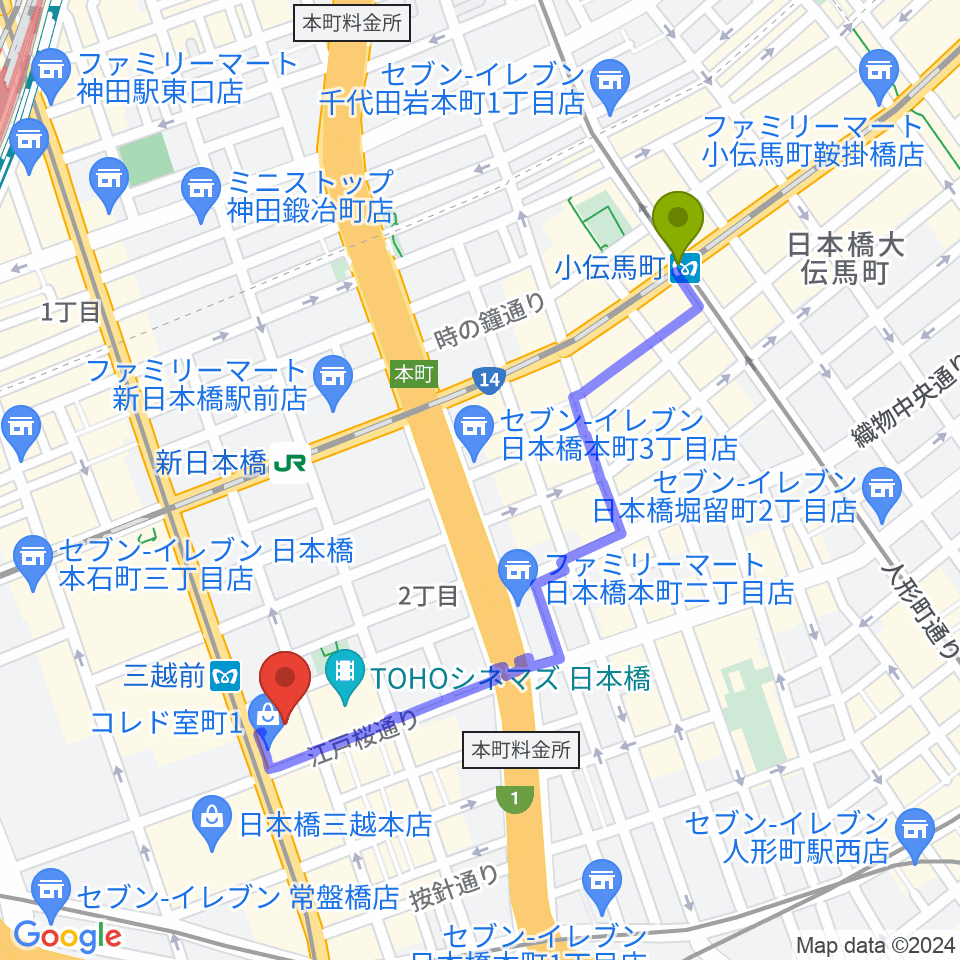 小伝馬町駅から日本橋三井ホールへのルートマップ地図