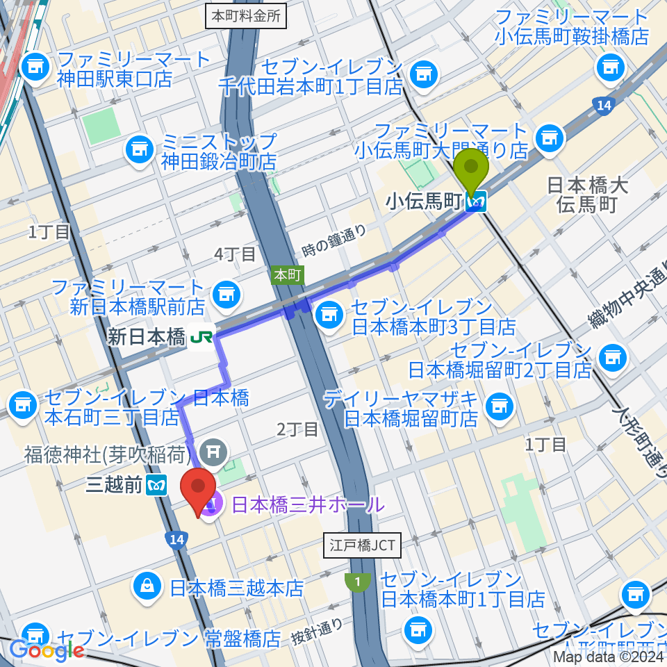 小伝馬町駅から日本橋三井ホールへのルートマップ地図