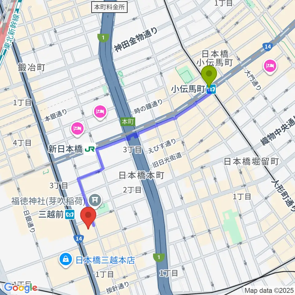 小伝馬町駅から日本橋三井ホールへのルートマップ地図