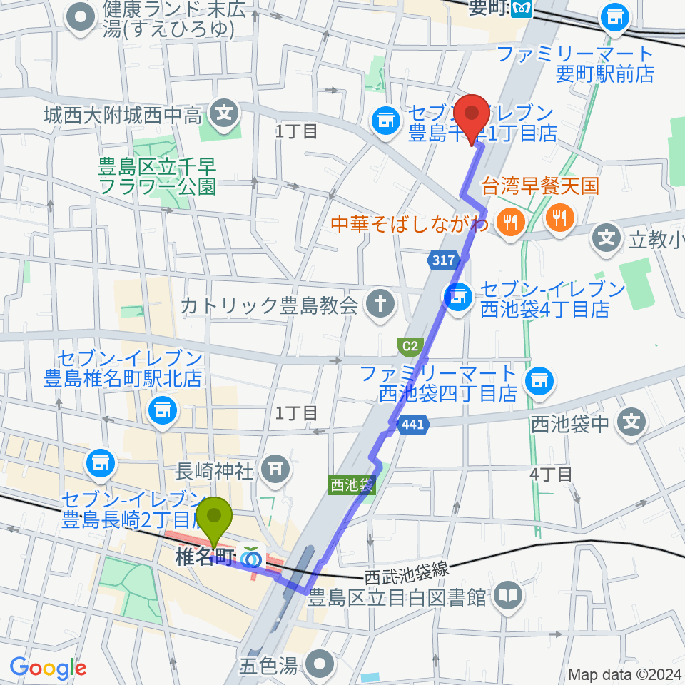 椎名町駅からGGサロンへのルートマップ地図