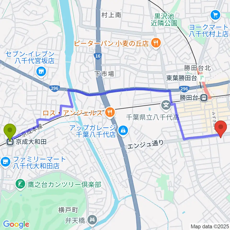 京成大和田駅から勝田台文化センターへのルートマップ地図