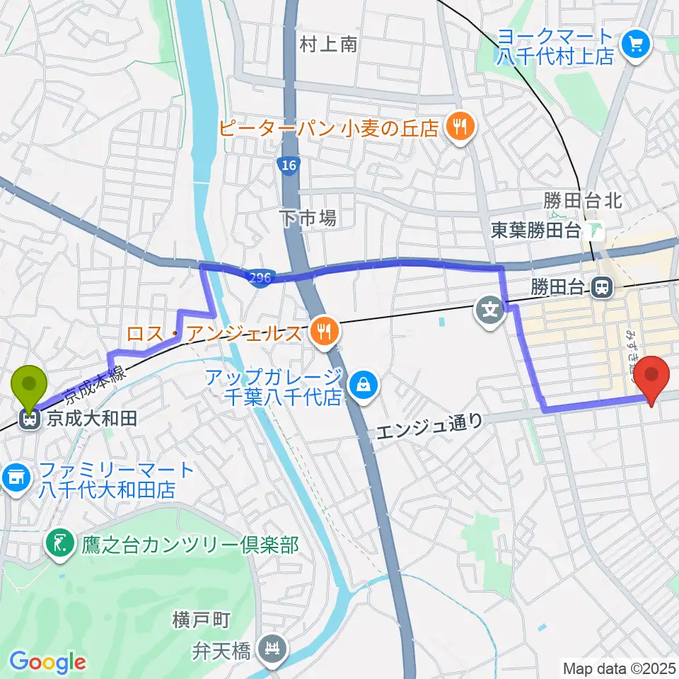 京成大和田駅から勝田台文化センターへのルートマップ地図