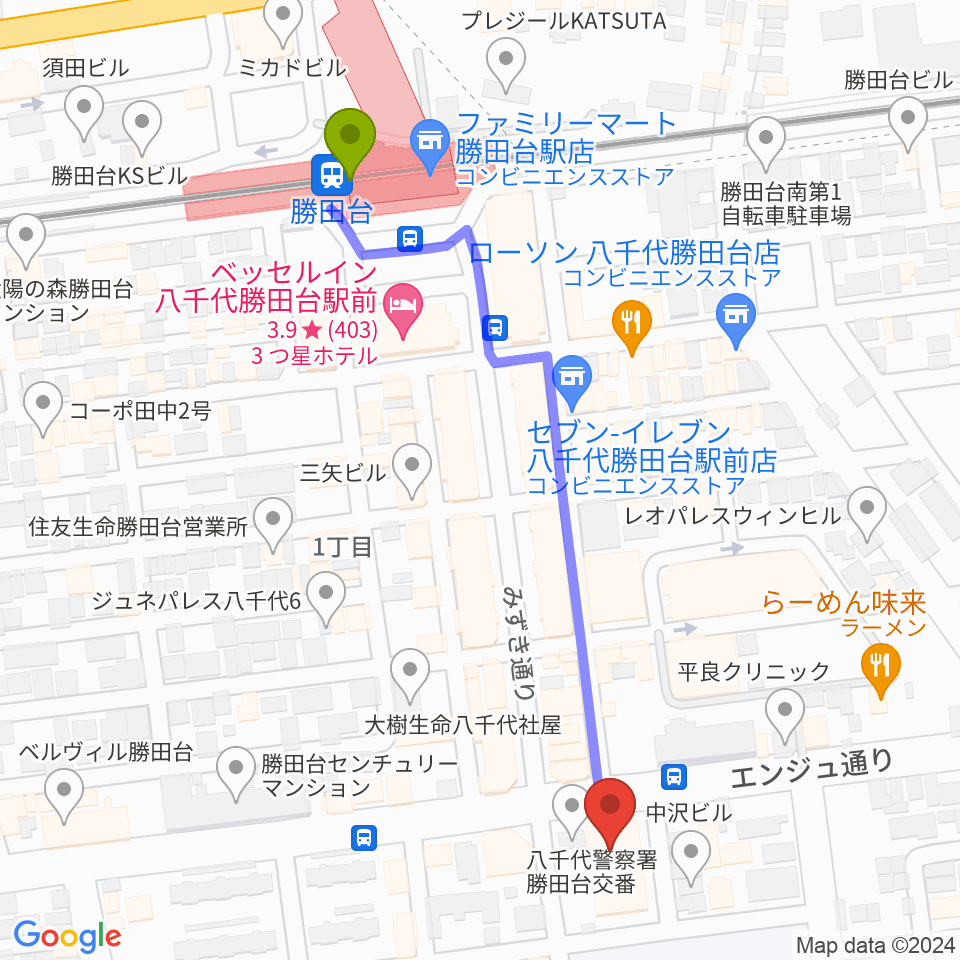 勝田台文化センターの最寄駅勝田台駅からの徒歩ルート（約6分）地図