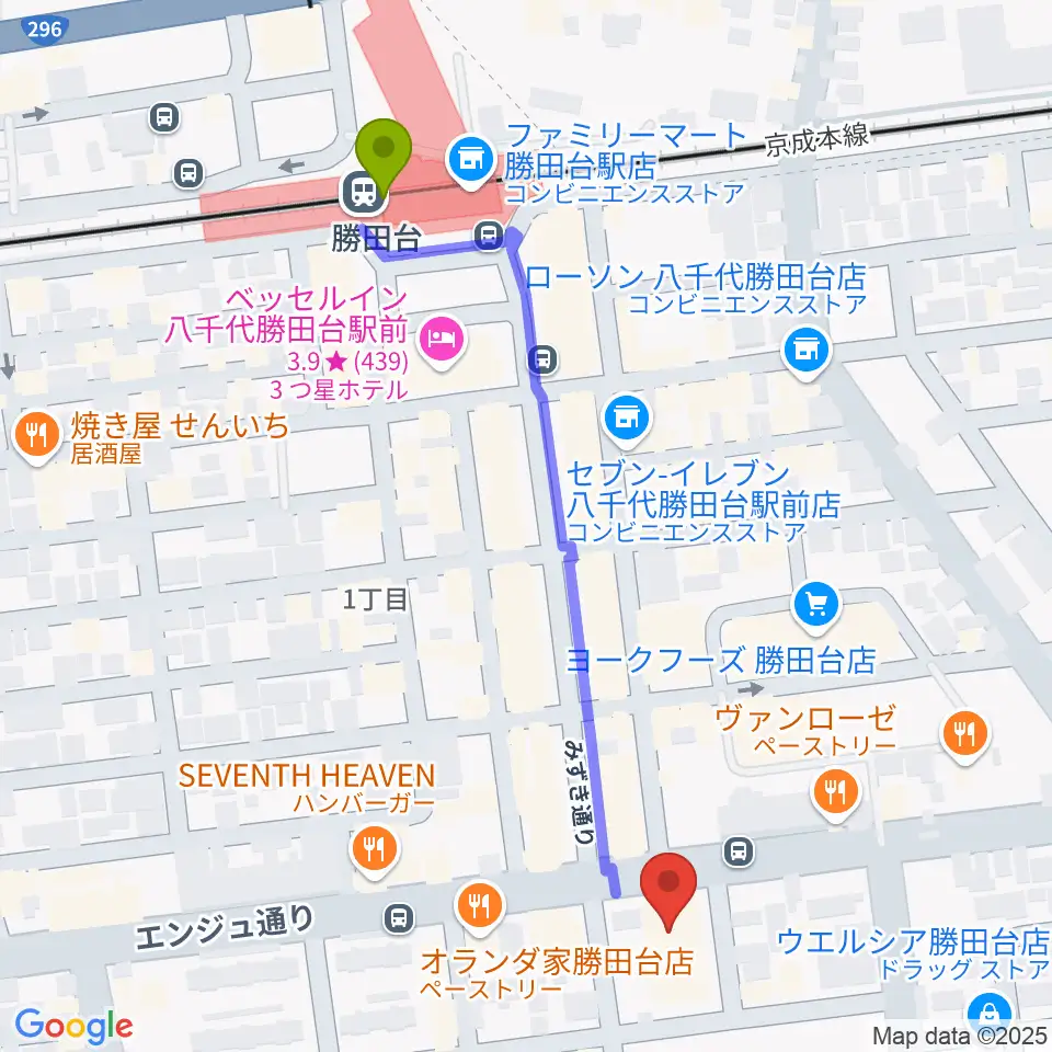 勝田台文化センターの最寄駅勝田台駅からの徒歩ルート（約6分）地図