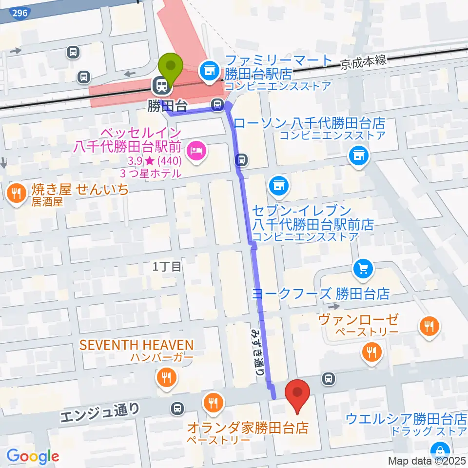 勝田台文化センターの最寄駅勝田台駅からの徒歩ルート（約6分）地図