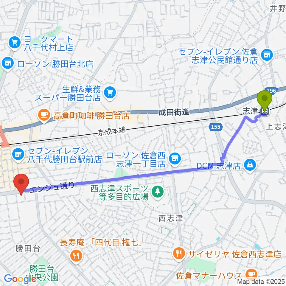 志津駅から勝田台文化センターへのルートマップ地図