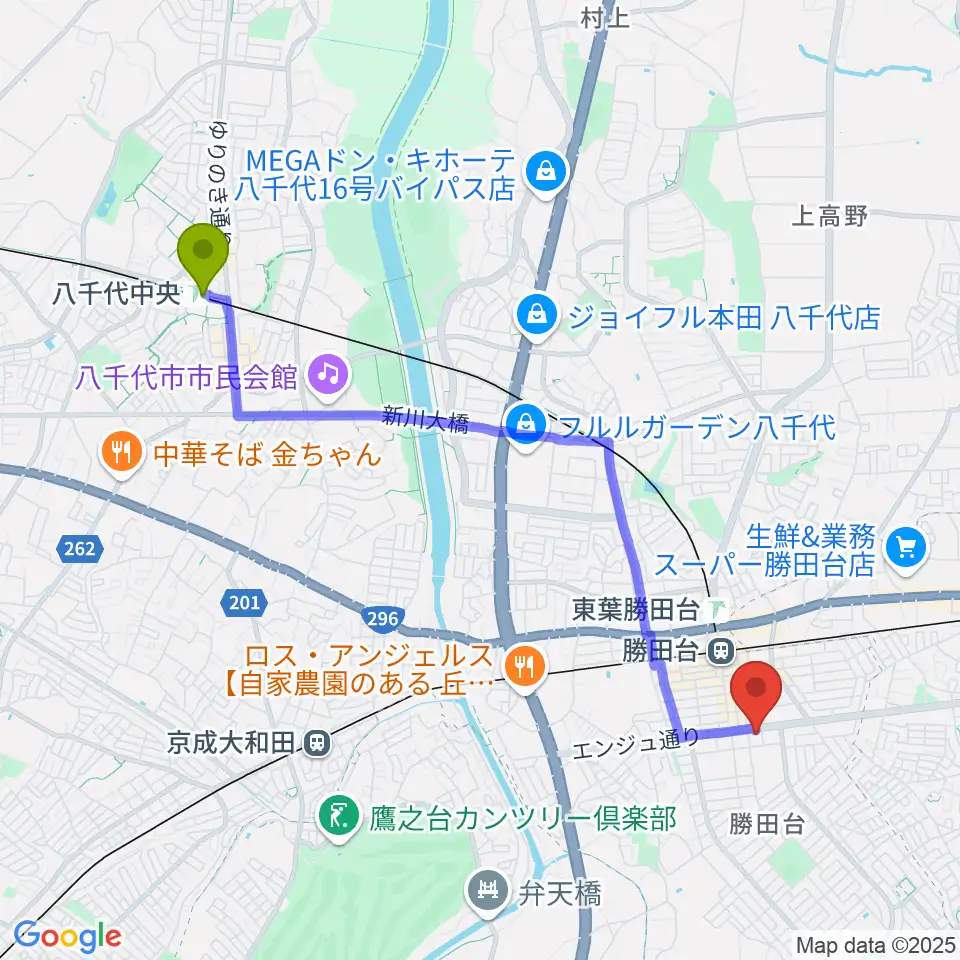 八千代中央駅から勝田台文化センターへのルートマップ地図
