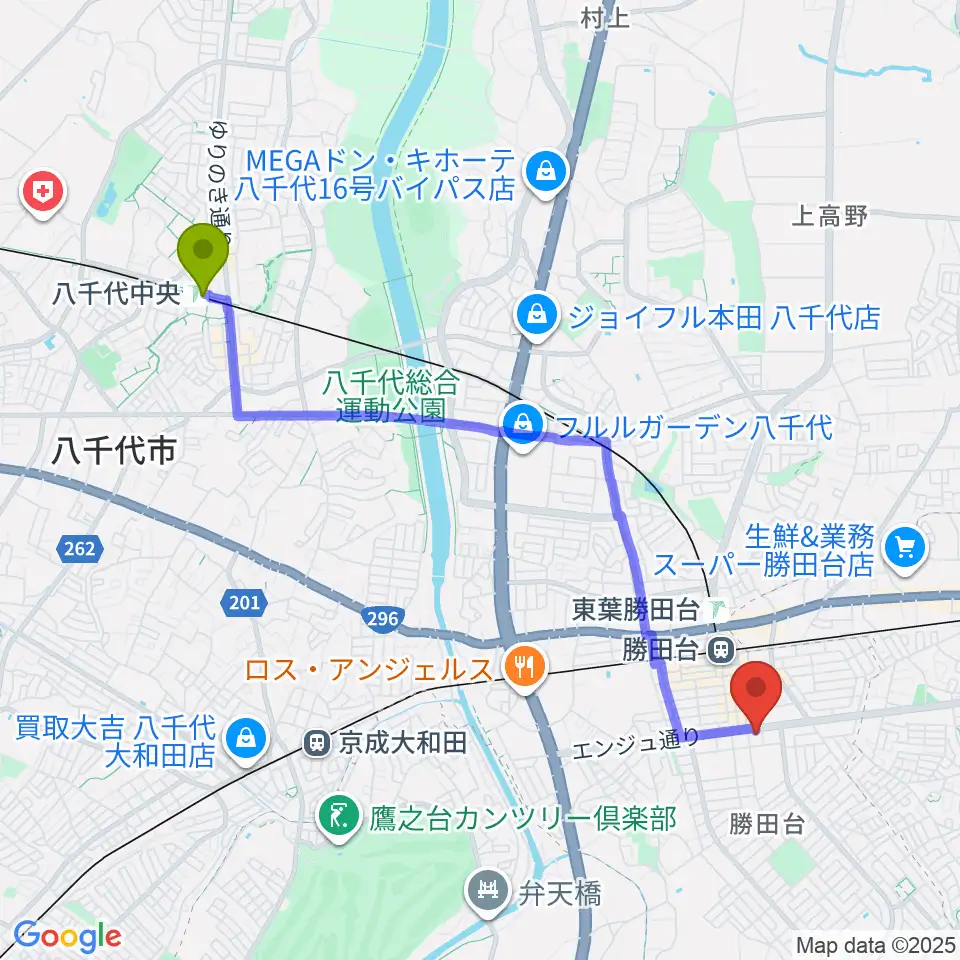 八千代中央駅から勝田台文化センターへのルートマップ地図