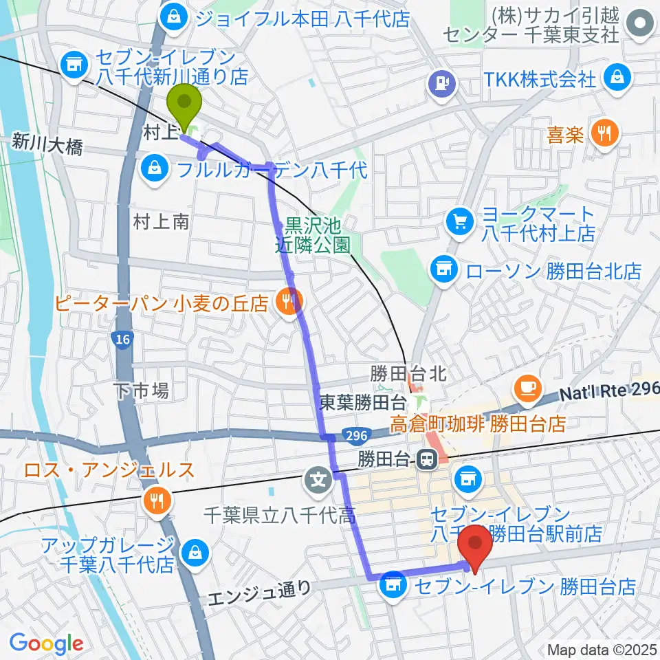 村上駅から勝田台文化センターへのルートマップ地図