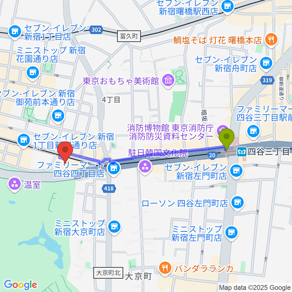 四谷三丁目駅から四谷地域センターへのルートマップ地図