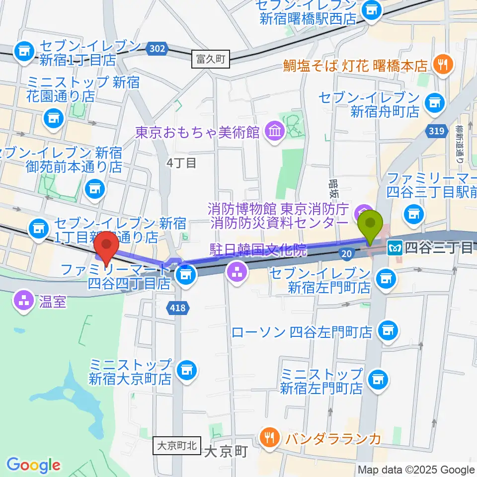 四谷三丁目駅から四谷地域センターへのルートマップ地図