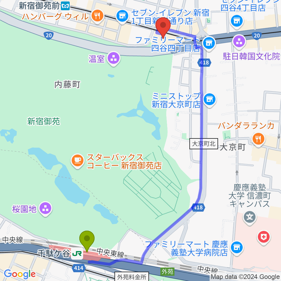 千駄ケ谷駅から四谷区民ホールへのルートマップ地図