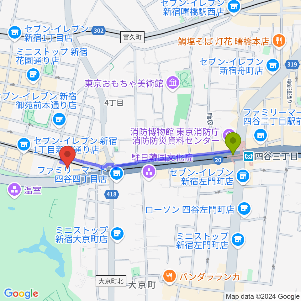 四谷三丁目駅から四谷区民ホールへのルートマップ地図