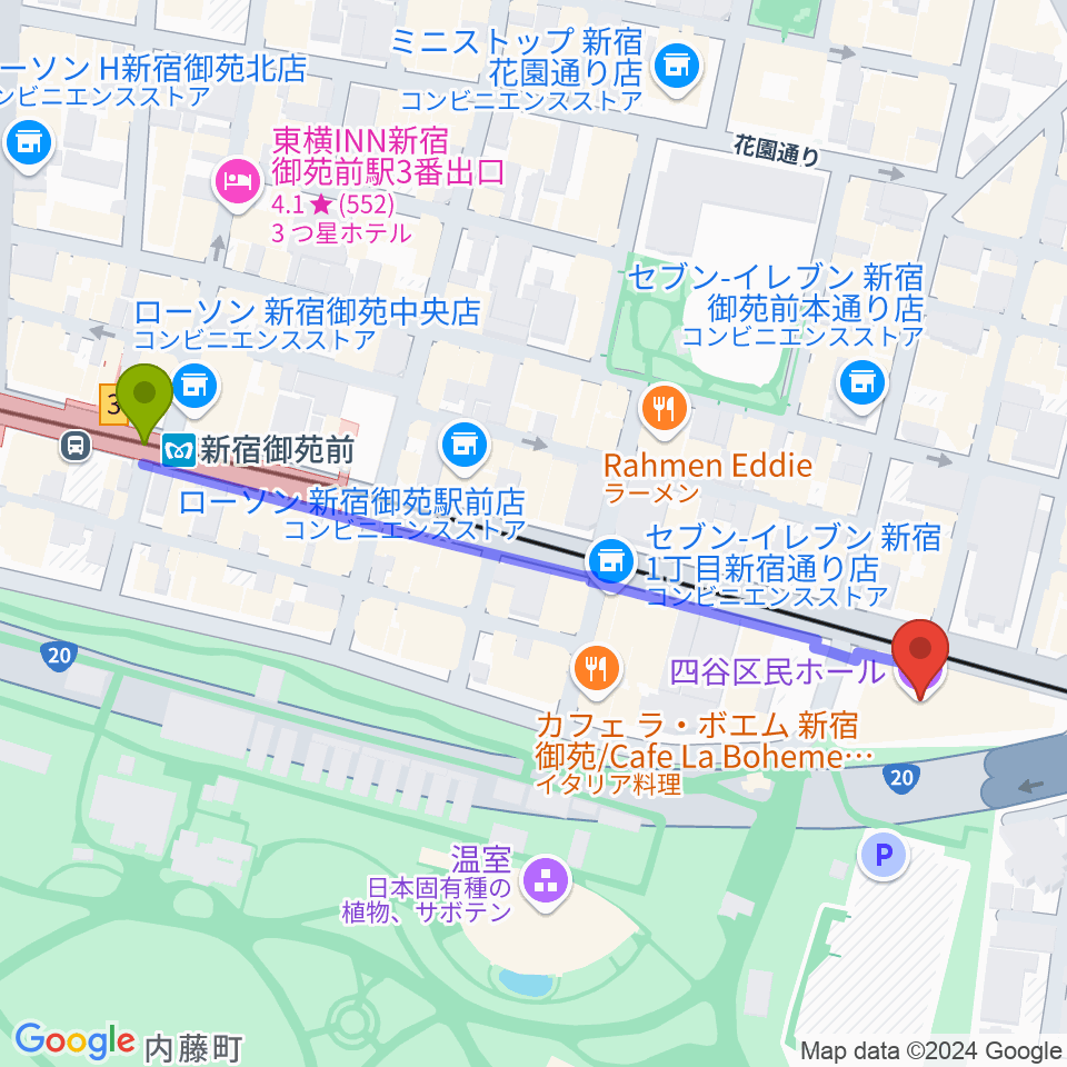 四谷区民ホールの最寄駅新宿御苑前駅からの徒歩ルート（約6分）地図