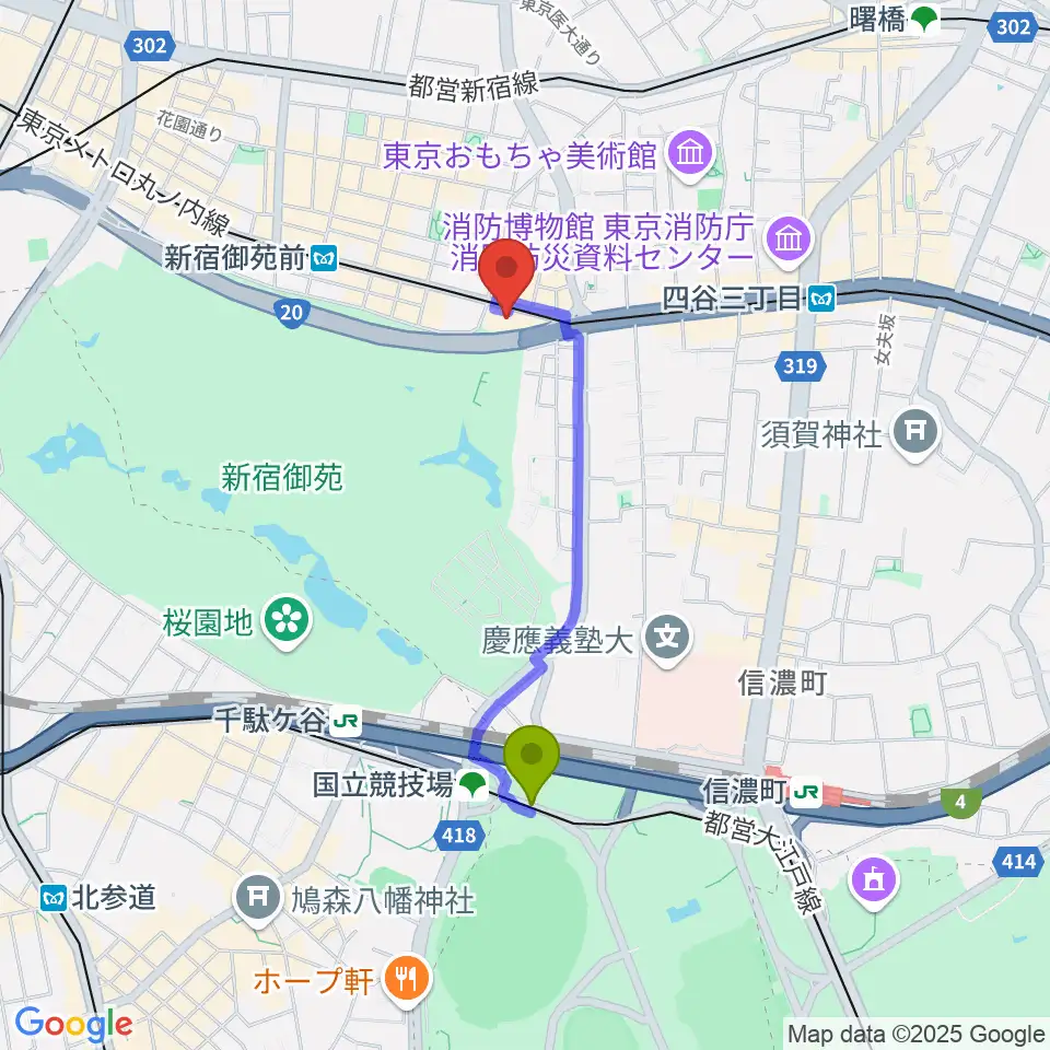 国立競技場駅から四谷区民ホールへのルートマップ地図