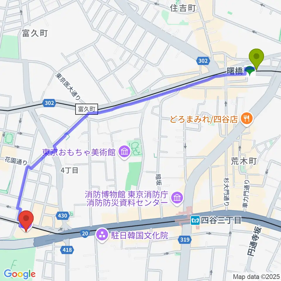 曙橋駅から四谷区民ホールへのルートマップ地図