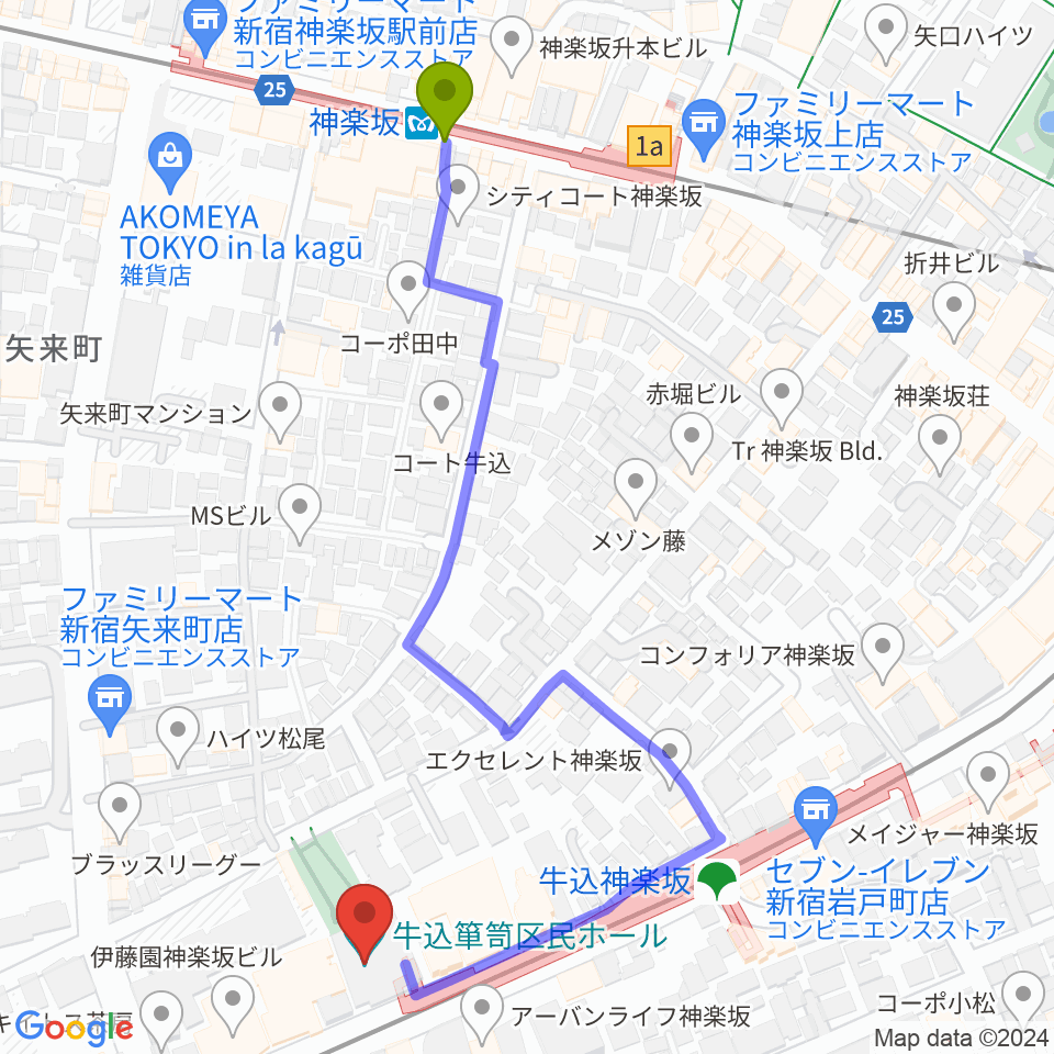 神楽坂駅から牛込箪笥区民ホールへのルートマップ地図