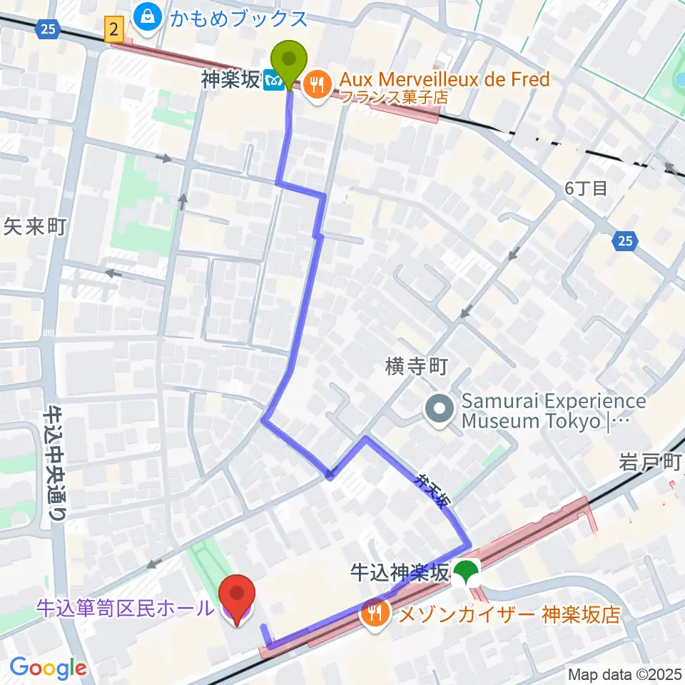 神楽坂駅から牛込箪笥区民ホールへのルートマップ地図