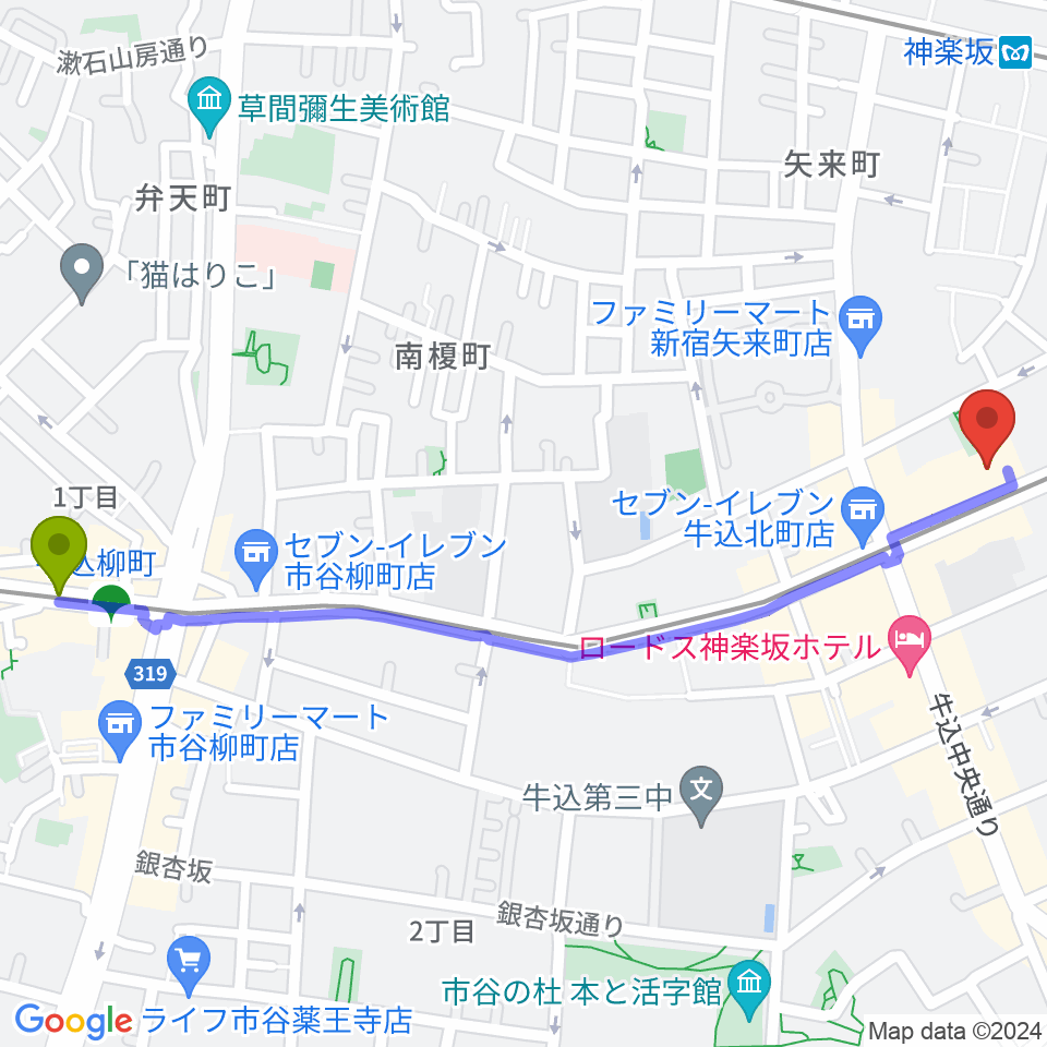 牛込柳町駅から牛込箪笥区民ホールへのルートマップ地図