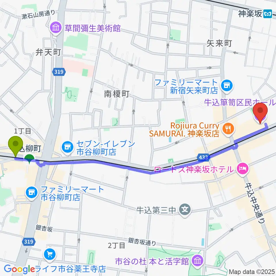 牛込柳町駅から牛込箪笥区民ホールへのルートマップ地図