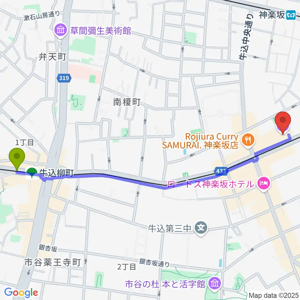 牛込柳町駅から牛込箪笥区民ホールへのルートマップ地図