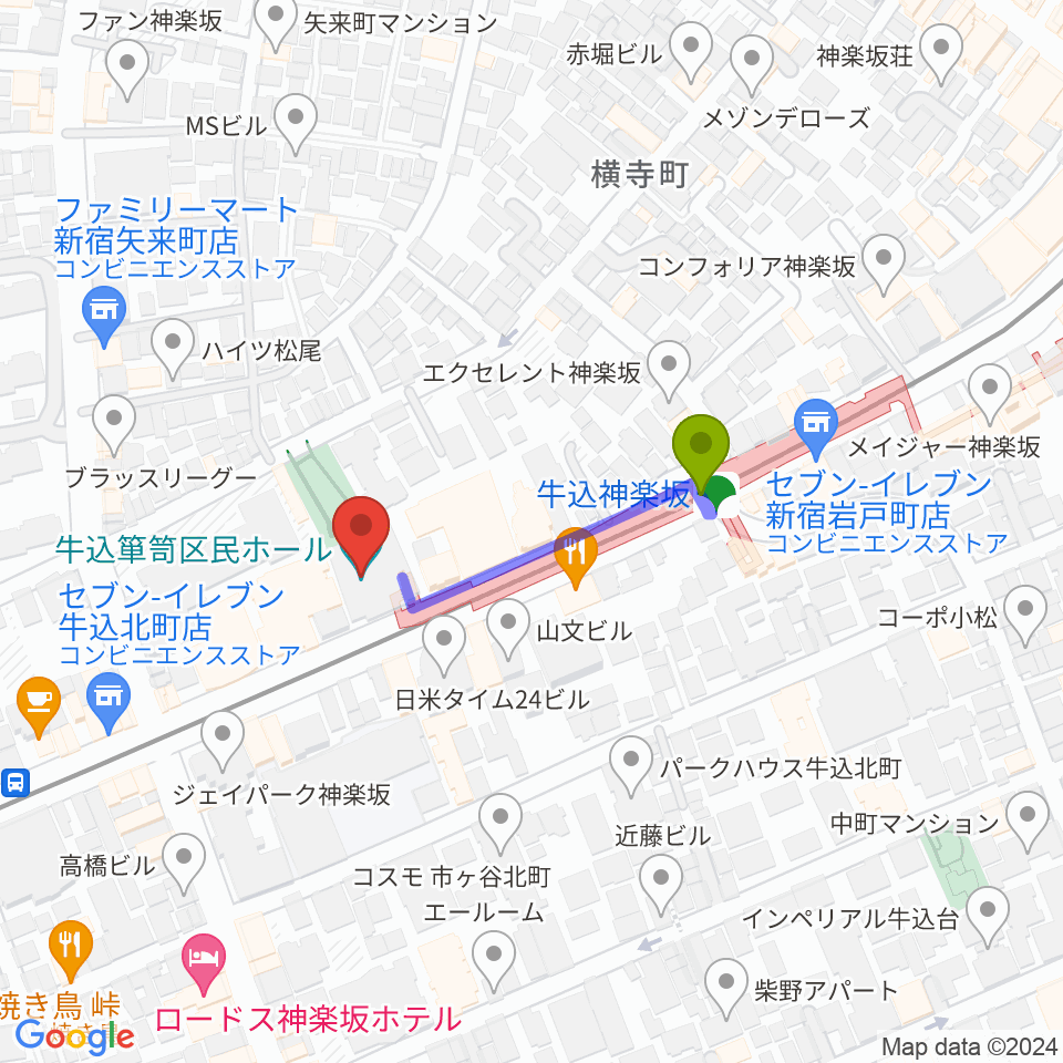 牛込箪笥区民ホールの最寄駅牛込神楽坂駅からの徒歩ルート（約3分）地図