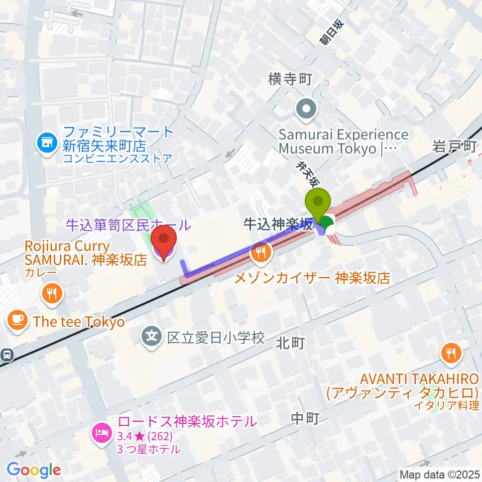 牛込箪笥区民ホールの最寄駅牛込神楽坂駅からの徒歩ルート（約3分）地図