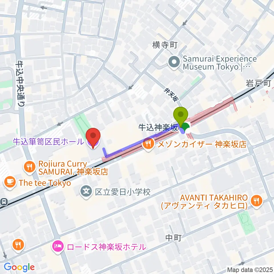 牛込箪笥区民ホールの最寄駅牛込神楽坂駅からの徒歩ルート（約3分）地図