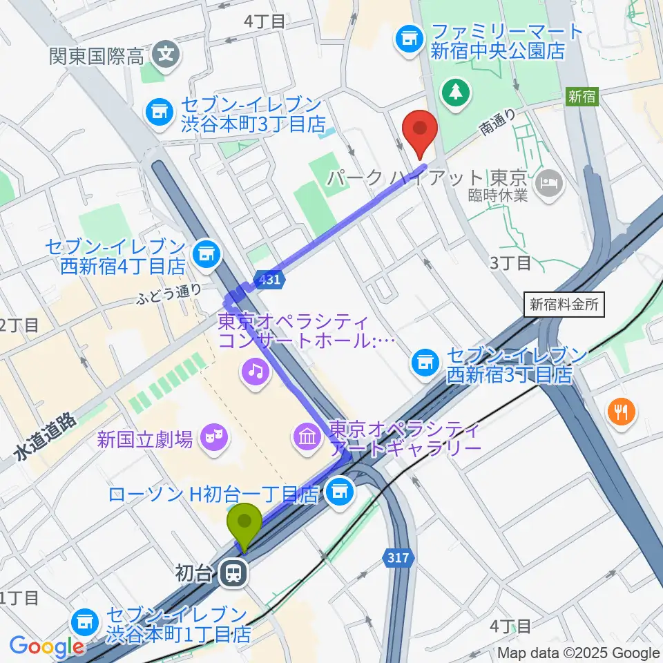 初台駅から角筈区民ホールへのルートマップ地図