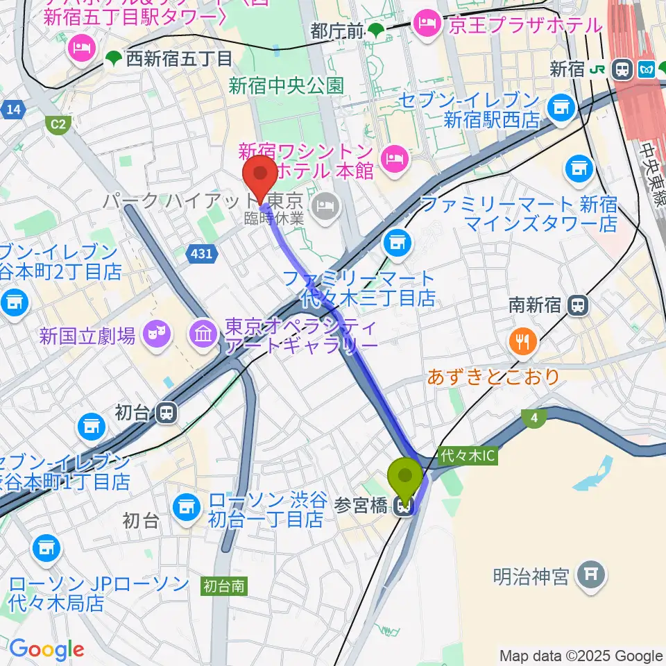 参宮橋駅から角筈区民ホールへのルートマップ地図