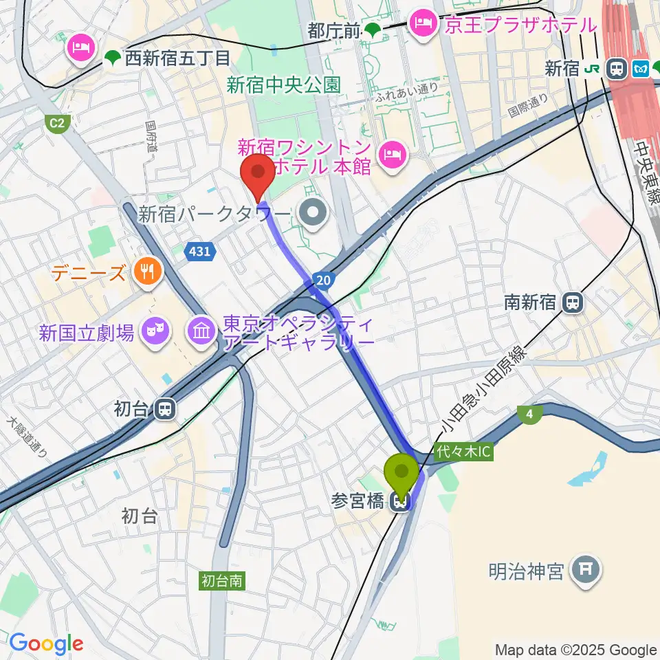 参宮橋駅から角筈区民ホールへのルートマップ地図
