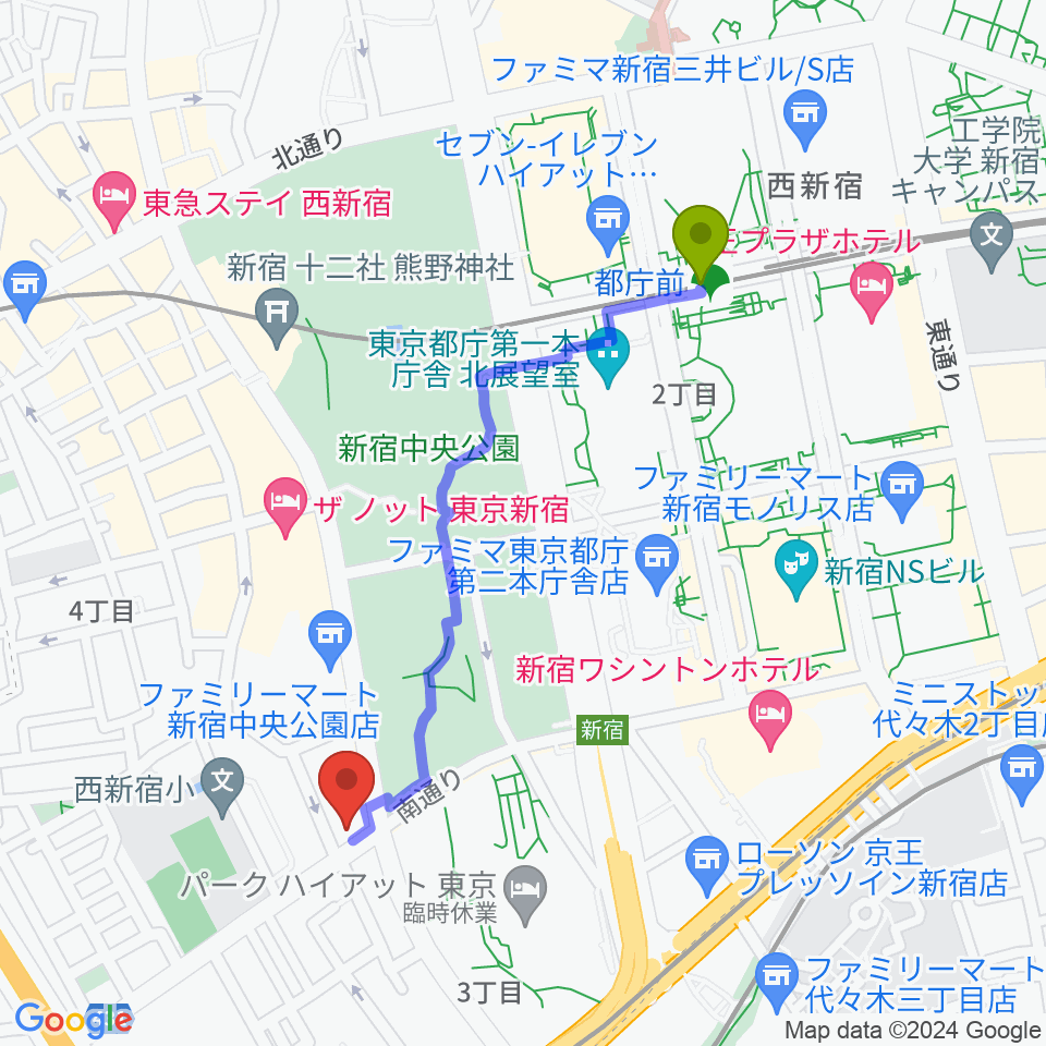 角筈区民ホールの最寄駅都庁前駅からの徒歩ルート（約10分）地図