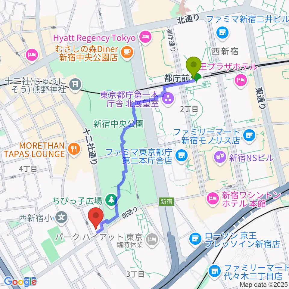 角筈区民ホールの最寄駅都庁前駅からの徒歩ルート（約10分）地図