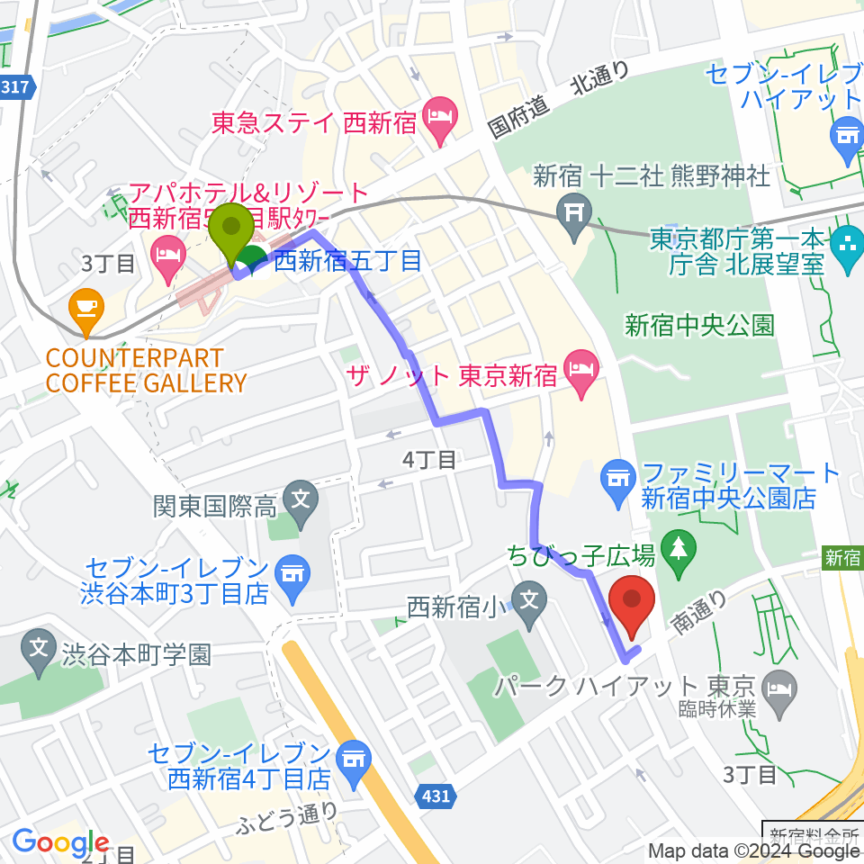 西新宿五丁目駅から角筈区民ホールへのルートマップ地図