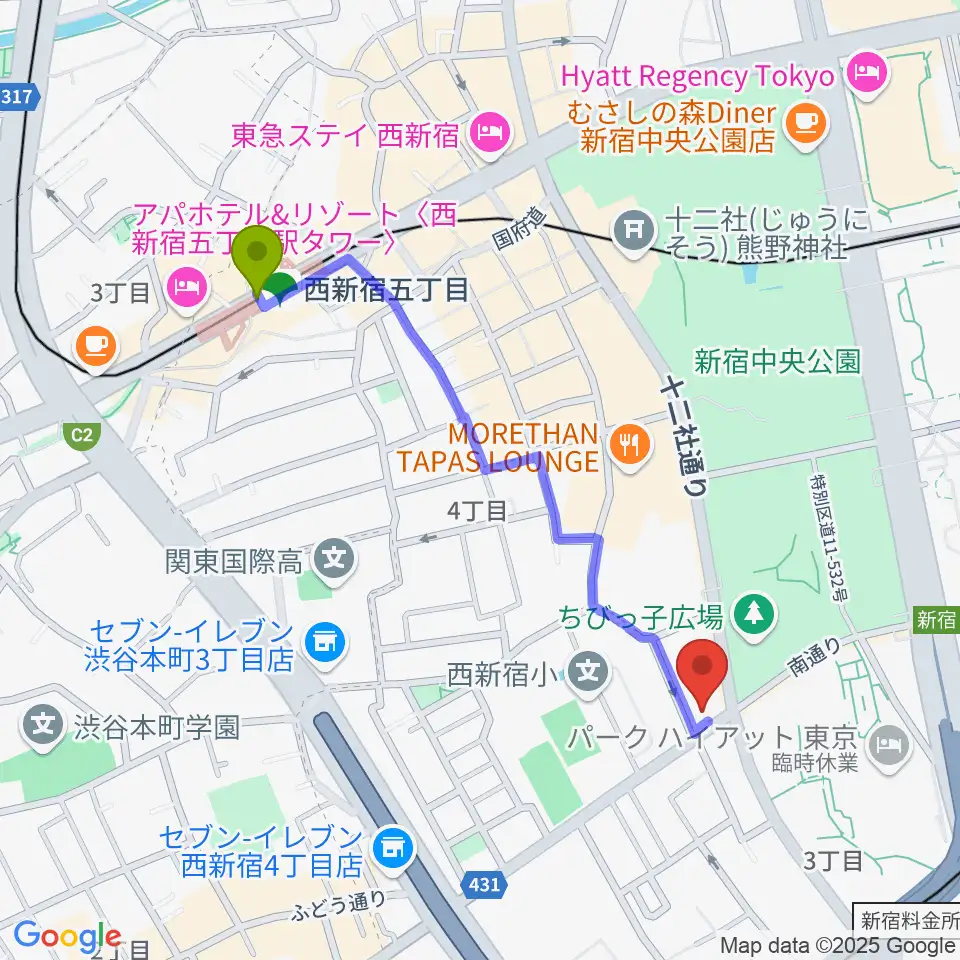 西新宿五丁目駅から角筈区民ホールへのルートマップ地図