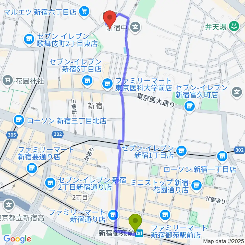 新宿御苑前駅から新宿文化センターへのルートマップ地図